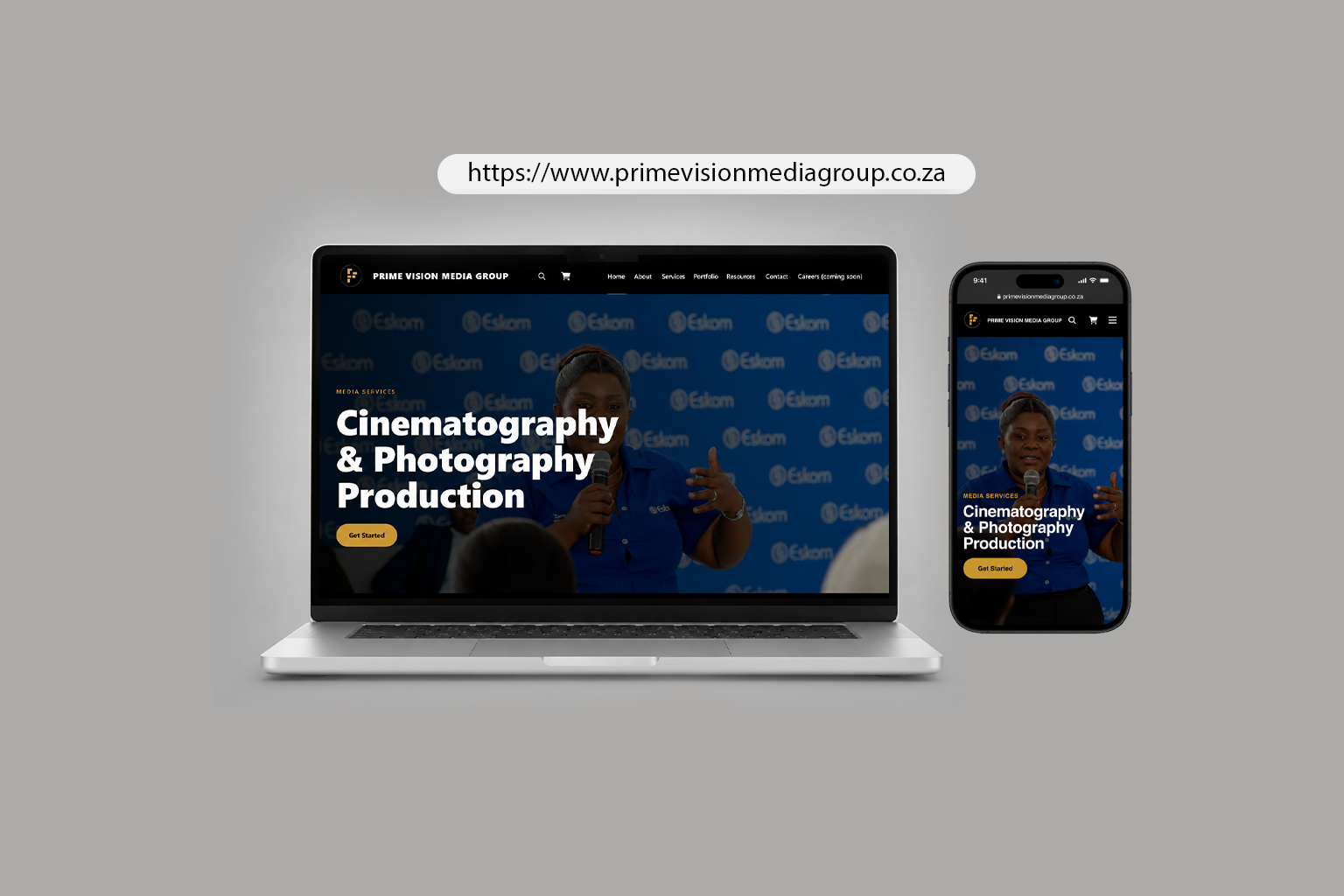 Prime Vision Media Group website shown on a laptop and phone